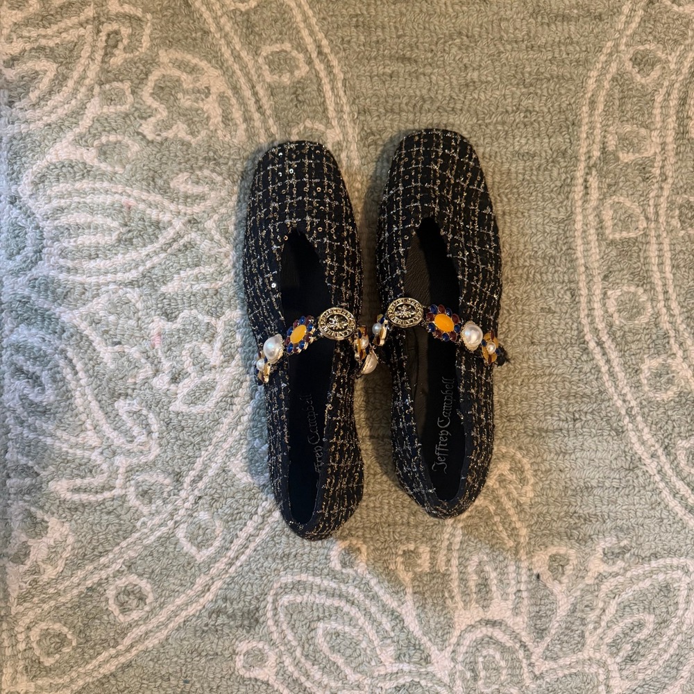 Jeffrey Campbell Black Gold Tweed Jewel Pearl Mary Jane Flats Square Toe 6.5 - Picture 2 of 5